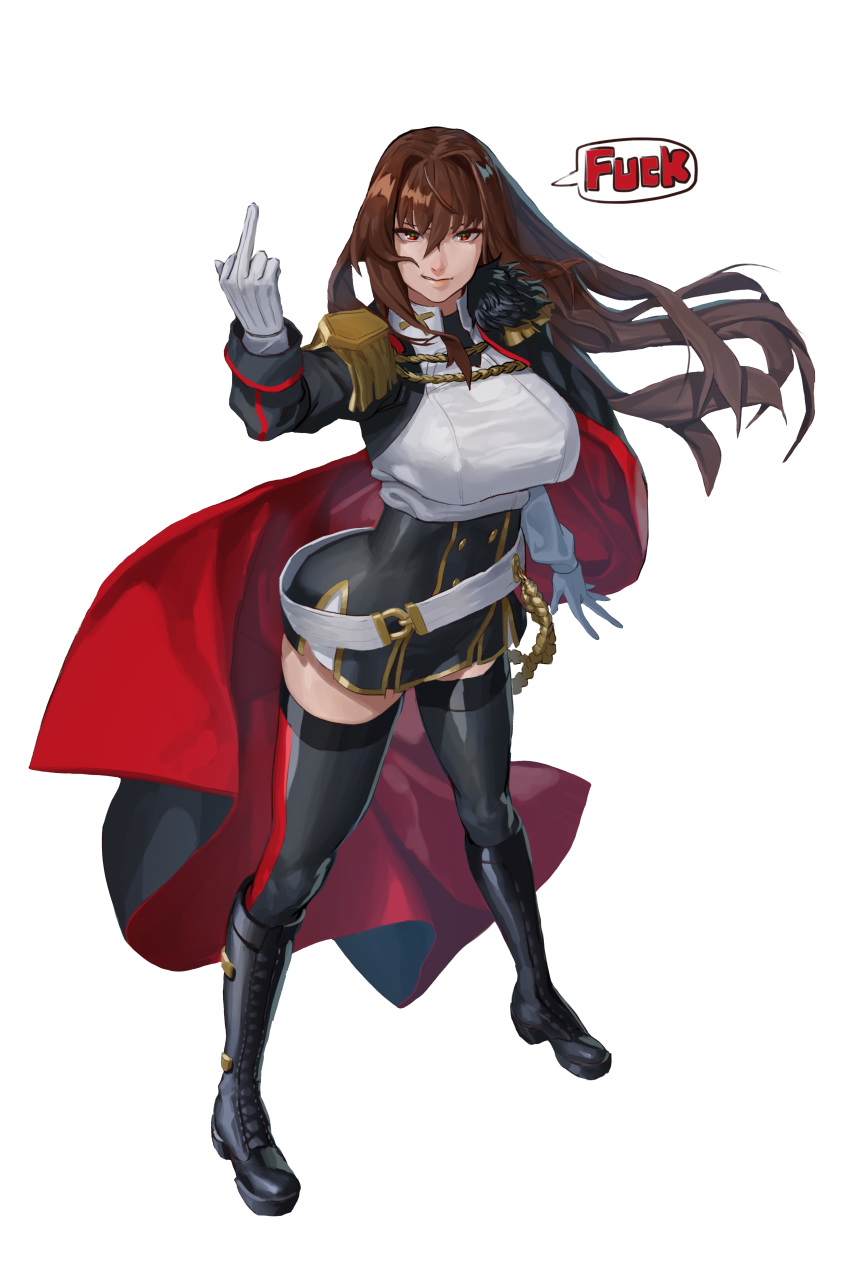 1girl, absurdres, aiguillette, bangs, black_cape, black_legwear, boots, breasts
