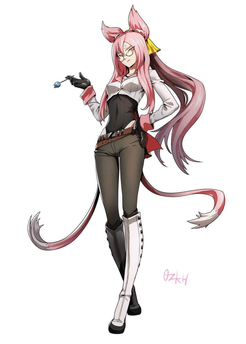 1girl, animal_ears, bags_under_eyes, belt, blazblue, bracelet, breasts, candy, cat_ears, cat_tail, cosplay, food, glasses, gloves, hair_ornament, highres, jewelry, kokonoe, lollipop, long_hair, looking_at_viewer, multiple_tails, neo_politan, neo_politan_(cosplay), ozkh6, pants, pince-nez, pink_hair, ponytail, ribbon, rwby, simple_background, small_breasts, solo, tail, two_side_up, white_background, yellow_eyes