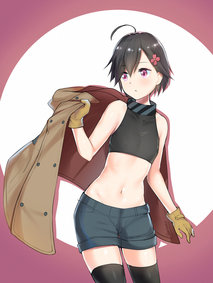 1girl, ahoge, arusuko, black_legwear, brown_coat, brown_gloves, coat, flat_chest
