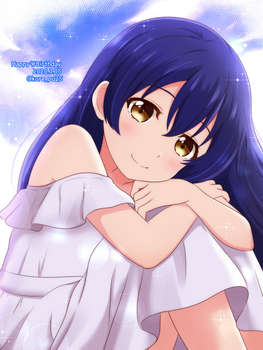 1girl, bangs, bare_shoulders, blue_hair, blush, dress, hair_between_eyes, happy_birthday