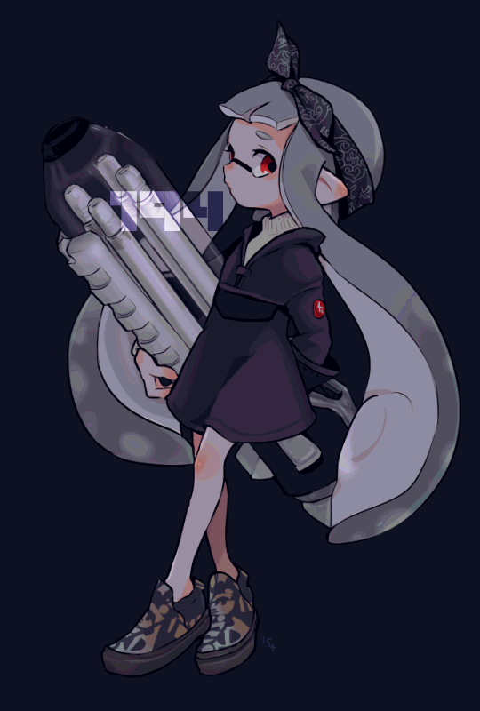 1girl, arm_behind_back, artist_logo, ballpoint_splatling_(splatoon), bangs, black_background, black_headband, black_jacket