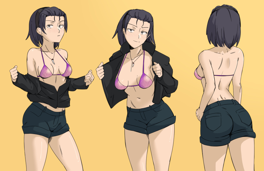 ass, back, bikini, bikini_top, black_jacket, breasts, closed_mouth, hairband, highres, jacket, midriff, navel, open_clothes, pink_bikini, purple_hair, re:creators, short_hair, shorts, simple_background, small_breasts, standing, suruga_shunma, swimsuit, thwwshark