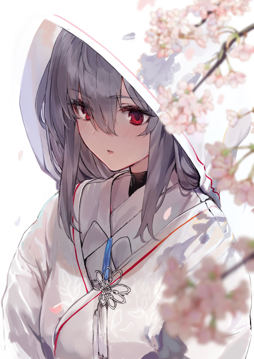 1girl, absurdres, alternate_costume, arknights, blush, branch, cherry_blossoms, commentary, eyebrows_visible_through_hair, flower, hair_between_eyes, haruato, highres, hood, japanese_clothes, kimono, lips, long_hair, parted_lips, red_eyes, silver_hair, simple_background, skadi_(arknights), solo, uchikake, upper_body, white_background, white_kimono