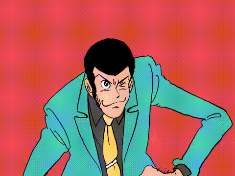 1girl, 3boys, animated, animated_gif, aqua_jacket, arsene_lupin_iii, beard, black_background