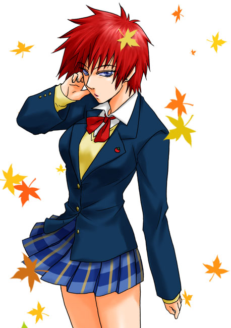 1girl, aikawa_maki, air_master, artist_request, blazer, blue_eyes, collared_shirt, hair_between_eyes, jacket, leaf, looking_at_viewer, plaid, plaid_skirt, pleated_skirt, redhead, ribbon, school_uniform, shirt, short_hair, simple_background, skirt, solo, tomboy, white_background, white_shirt