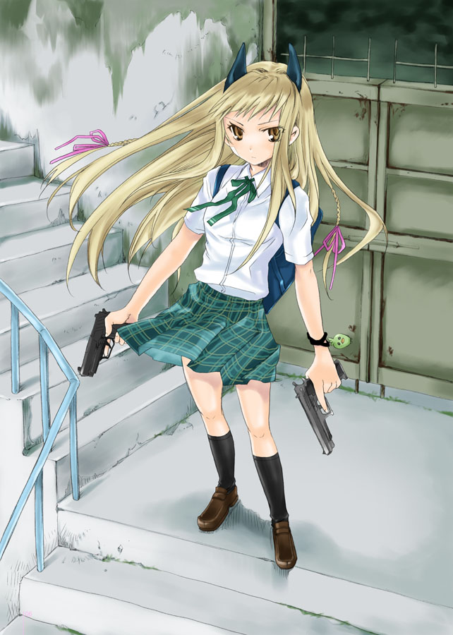 akimbo, bad_id, bag, blonde_hair, bow, bracelet, brown_eyes, dual_wield