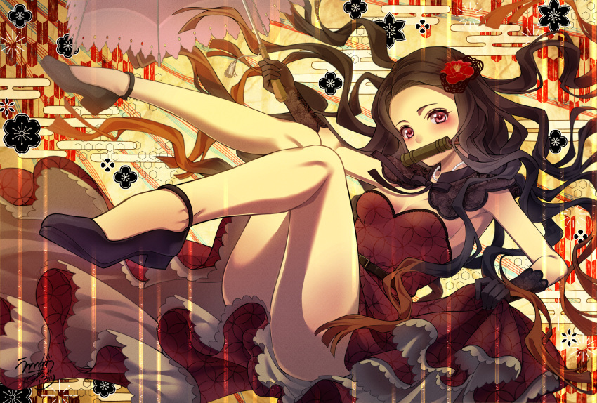 1girl, aburi_rare, bare_legs, black_gloves, black_hair, dress, gloves, hair_ornament