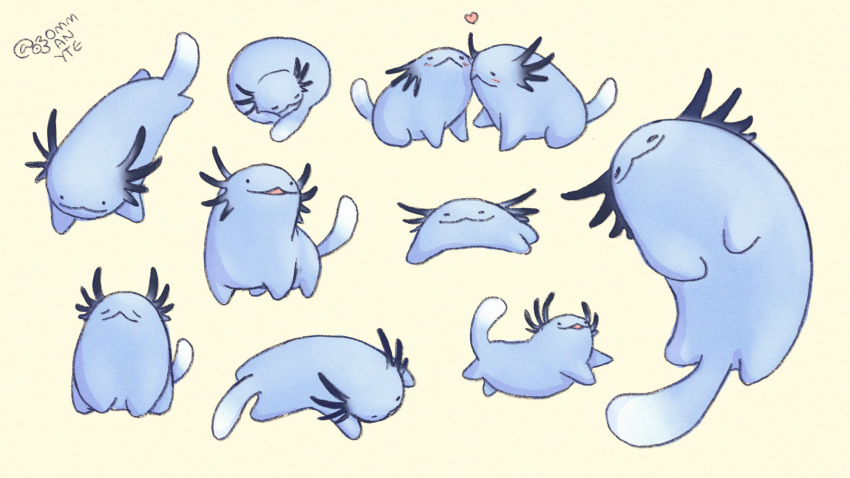 ._., :3, beta_pokemon, commentary, creature, english_commentary, full_body, heart, highres, jumping, lying, madame_(wooper), no_humans, ommanyte, on_stomach, pokemon, pokemon_(creature), signature, simple_background, sitting, standing, yellow_background