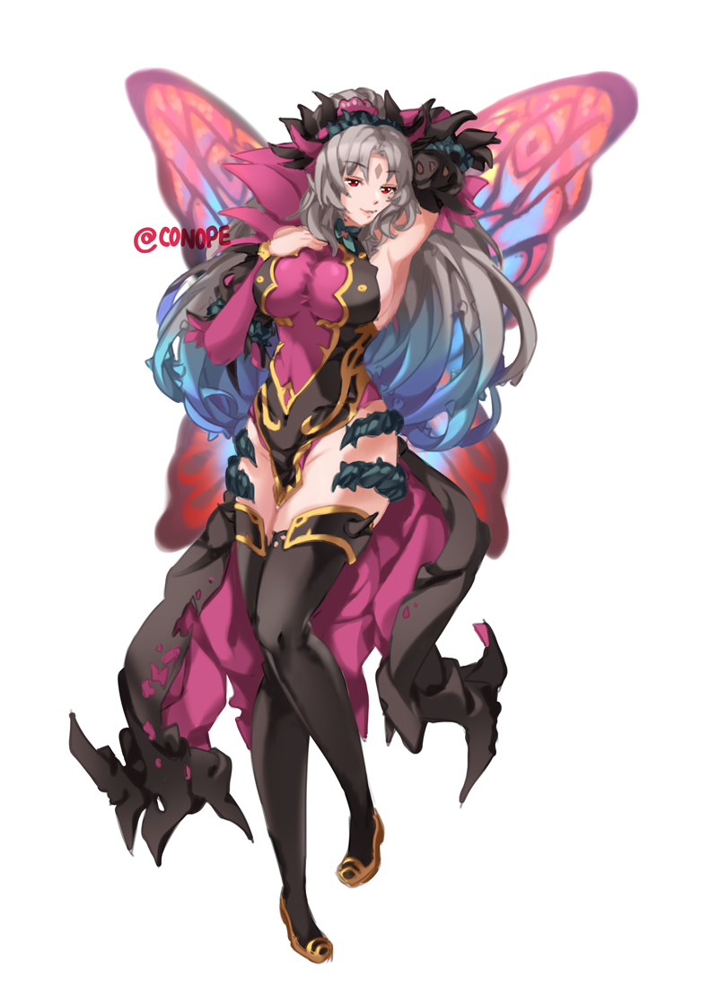 1girl, arm_up, conope, fairy_wings, fire_emblem, fire_emblem_heroes, full_body, gradient_hair, grey_hair, long_hair, multicolored_hair, plant, plumeria_(fire_emblem), ponytail, red_eyes, simple_background, sleeveless, solo, twitter_username, vines, white_background, wings