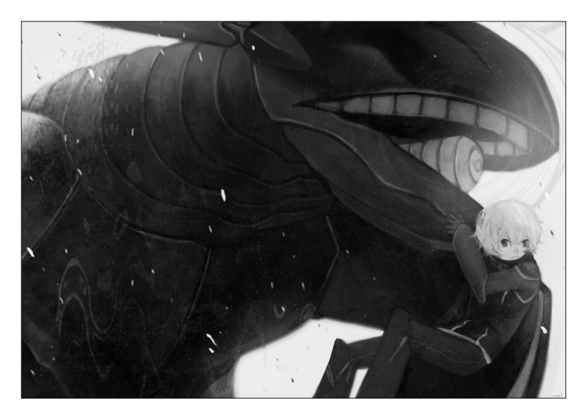 1boy, albino, armor, bangs, black_gloves, bodysuit, border, curry_gohan