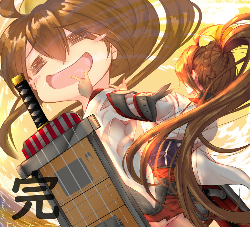 1girl, bangs, blue_oath, blush, brown_hair, clouds, eyebrows_visible_through_hair, flight_deck, hair_ornament, highres, hilt, japanese_clothes, long_hair, open_mouth, ponytail, sky, smile, sword, very_long_hair, weapon, zuikaku_(blue_oath)