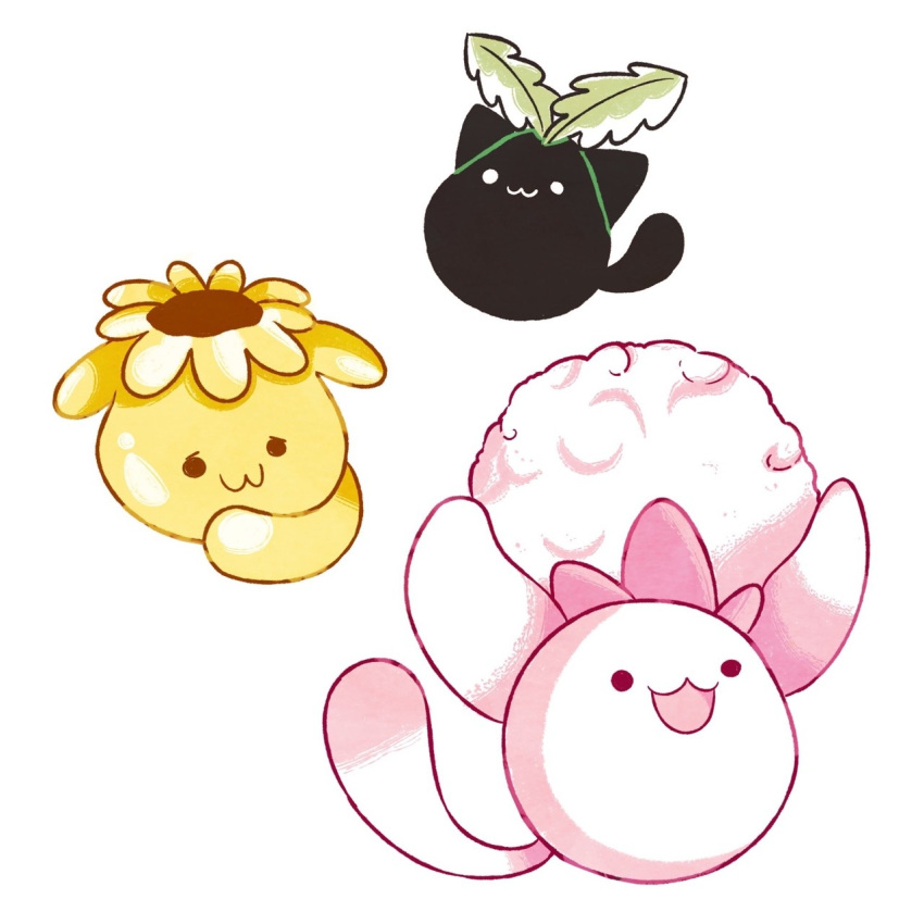 ._., :3, :d, beta_pokemon, black_eyes, chuckdrawsthings, closed_mouth, commentary, creature, english_commentary, full_body, haneko_(hoppip), happy, highres, looking_at_viewer, no_humans, open_mouth, pokemon, pokemon_(creature), pokemon_(game), pokemon_gsc, pokemon_gsc_beta, poponeko_(skiploom), prototype, simple_background, smile, wataneko_(jumpluff), white_background, white_eyes