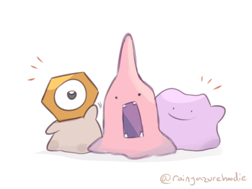 ._., animon_(evolved_ditto), beta_pokemon, closed_mouth, commentary, creature, ditto, english_commentary, fangs, full_body, gen_1_pokemon, gen_7_pokemon, horn, looking_at_viewer, meltan, mythical_pokemon, no_humans, open_mouth, pokemon, pokemon_(creature), pokemon_(game), pokemon_gsc, pokemon_gsc_beta, prototype, rainyazurehoodie, signature, simple_background, single_eye, smile, white_background