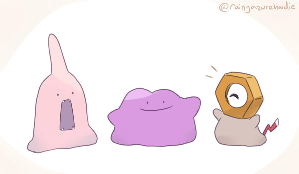 ._., animon_(evolved_ditto), beta_pokemon, closed_eyes, closed_mouth, commentary, creature, ditto, english_commentary, fangs, full_body, gen_1_pokemon, gen_7_pokemon, horn, looking_at_viewer, meltan, mythical_pokemon, no_humans, open_mouth, pokemon, pokemon_(creature), pokemon_(game), pokemon_gsc, pokemon_gsc_beta, prototype, rainyazurehoodie, signature, simple_background, single_eye, smile, white_background