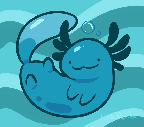 ._., :3, blue_theme, bubble, closed_mouth, commentary, creature, english_commentary, full_body, looking_at_viewer, madame_(wooper), nikipaprika, no_humans, pokemon, pokemon_(creature), pokemon_(game), pokemon_gsc, pokemon_gsc_beta, signature, solo, water