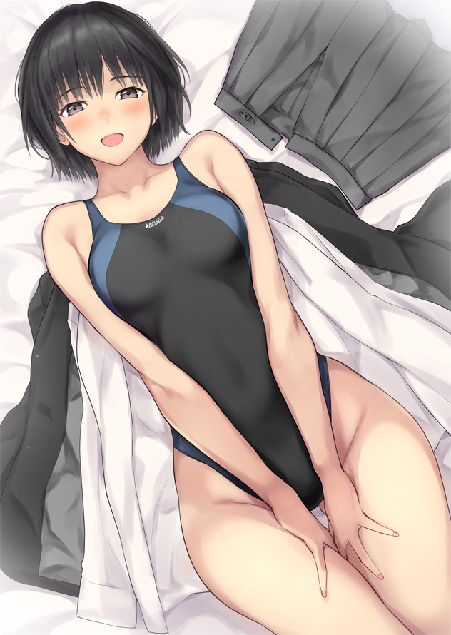 1girl, :d, amagami, ass_visible_through_thighs, bed, black_eyes, black_hair, black_swimsuit, clothes_removed, competition_swimsuit, hands_on_thighs, kibito_high_school_uniform, looking_at_viewer, lying, nanasaki_ai, nozomi-y, on_back, one-piece_swimsuit, open_mouth, school_uniform, short_hair, smile, swimsuit