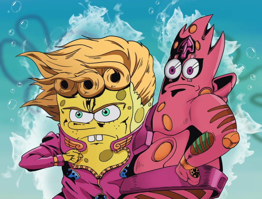 2girls, absurdres, air_bubble, blonde_hair, blue_background, bubble, buck_teeth, closed_mouth