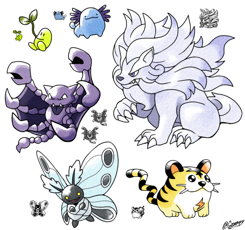 :d, beta_pokemon, black_eyes, claws, commentary, creature, english_commentary, fangs, full_body, gooompy, highres, kotora_(pokemon), lion, looking_at_viewer, madame_(wooper), may98_pokemon_349_(lion), may98_pokemon_383_(bagworm_2), mitei01_(sunkern), no_humans, open_mouth, pokemon, pokemon_(creature), pokemon_(game), pokemon_gsc, pokemon_gsc_beta, prototype, signature, simple_background, smile, sprite, white_background, yellow_eyes