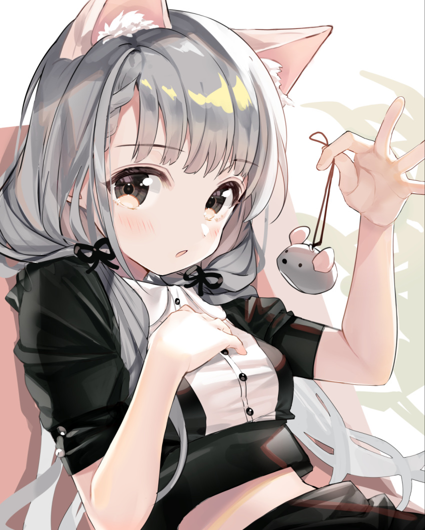 1girl, bangs, black_dress, brown_eyes, collared_dress, dress, eyebrows_visible_through_hair, grey_hair