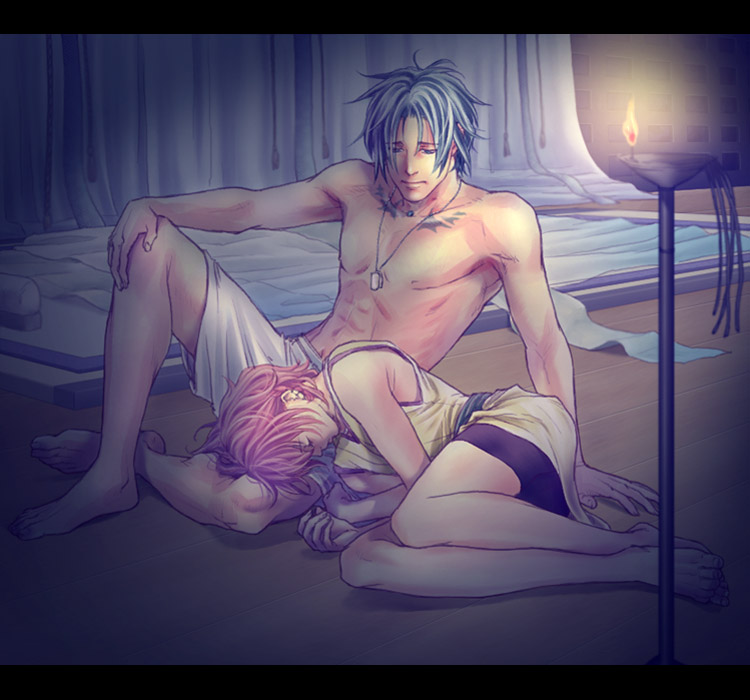 2boys, abs, architecture, closed_eyes, dog_tags, east_asian_architecture, harukanaru_toki_no_naka_de, harukanaru_toki_no_naka_de_3