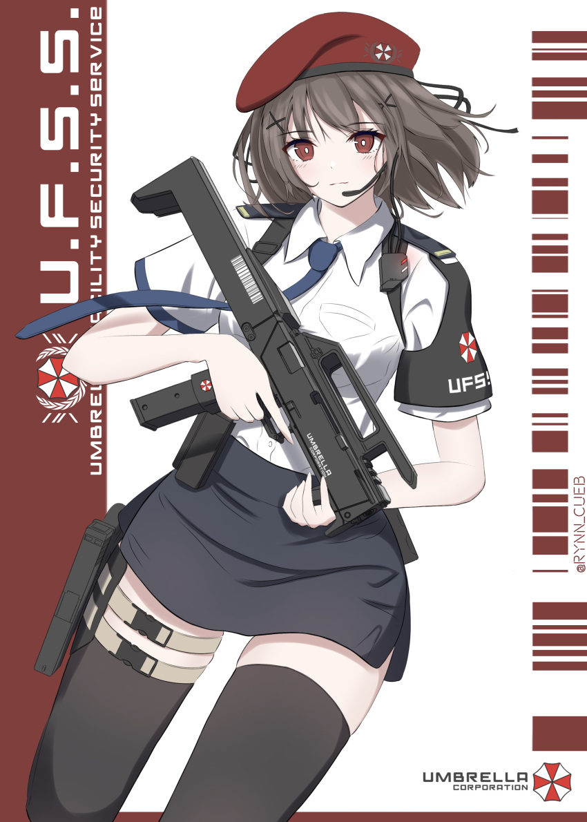1girl, absurdres, beret, black_legwear, blue_skirt, brown_hair, gun, hand_on_weapon