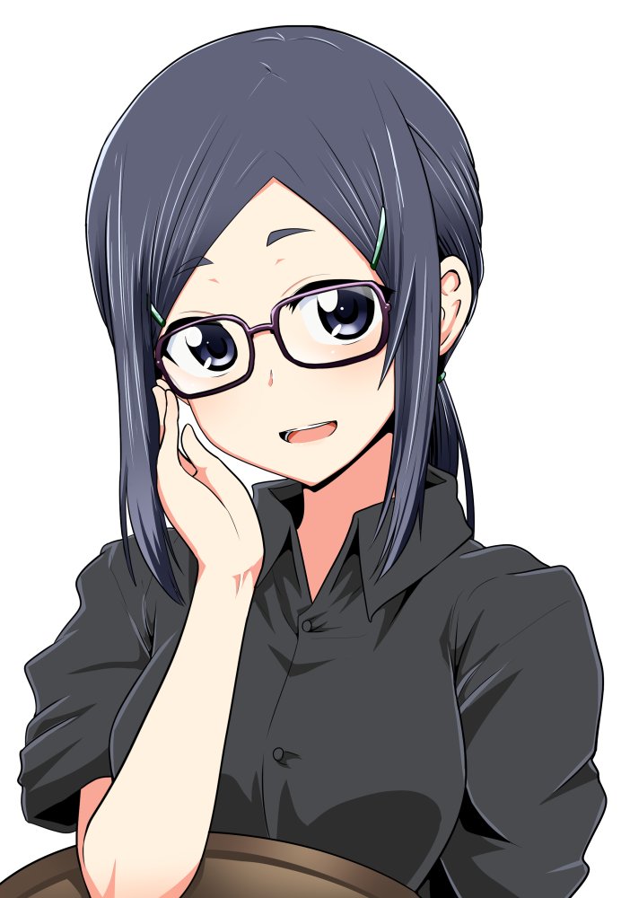 1girl, asai_ami, black_hair, black_shirt, eyebrows_visible_through_hair, glasses, grey_eyes, hair_ornament