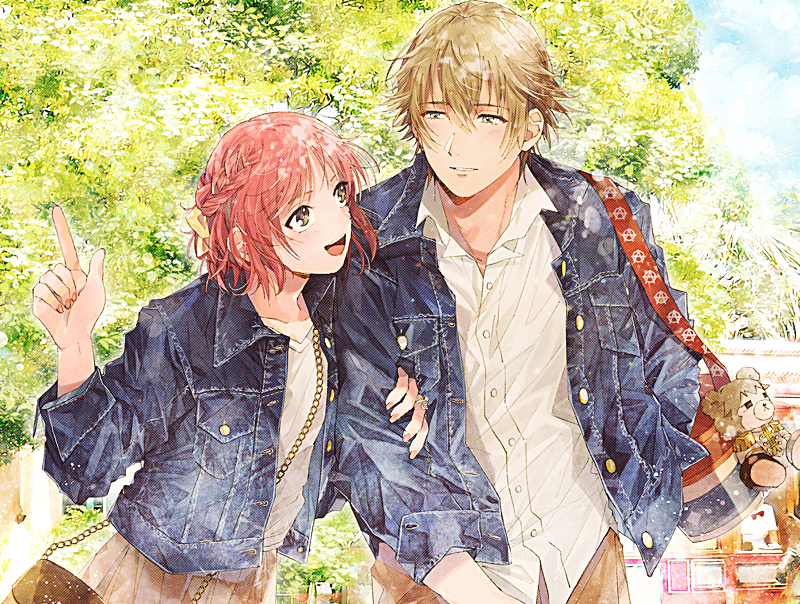 1boy, 1girl, :d, bag, bangs, bow, braid, brown_hair, brown_pants, brown_skirt, building, collared_shirt, couple, day, denim, denim_jacket, dress_shirt, eye_contact, green_eyes, hair_bow, hazuki_kei_(tokimemo_gs), hetero, index_finger_raised, jacket, long_sleeves, looking_at_another, matching_outfit, miki_(minkqs), nail_polish, open_clothes, open_jacket, open_mouth, orange_nails, outdoors, pants, parted_lips, pink_hair, plant, pleated_skirt, pointing, protagonist_(tokimemo_gs1), shirt, short_hair, shoulder_bag, skirt, sky, sleeve_cuffs, smile, stuffed_animal, stuffed_toy, t-shirt, teddy_bear, tokimeki_memorial, tokimeki_memorial_girl's_side, unbuttoned, upper_body, white_shirt, wing_collar