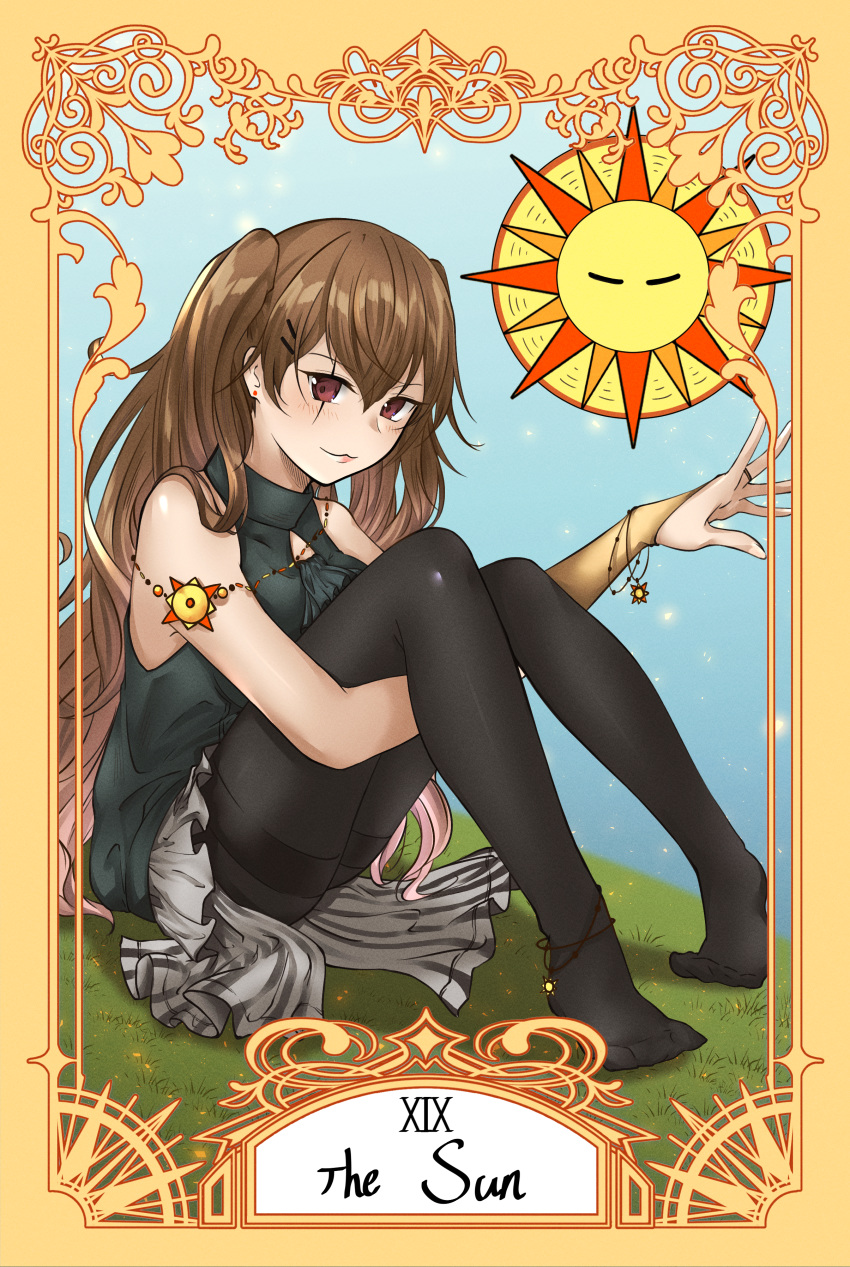 1girl, absurdres, black_legwear, blue_sky, brown_hair, dress, earrings, english_text