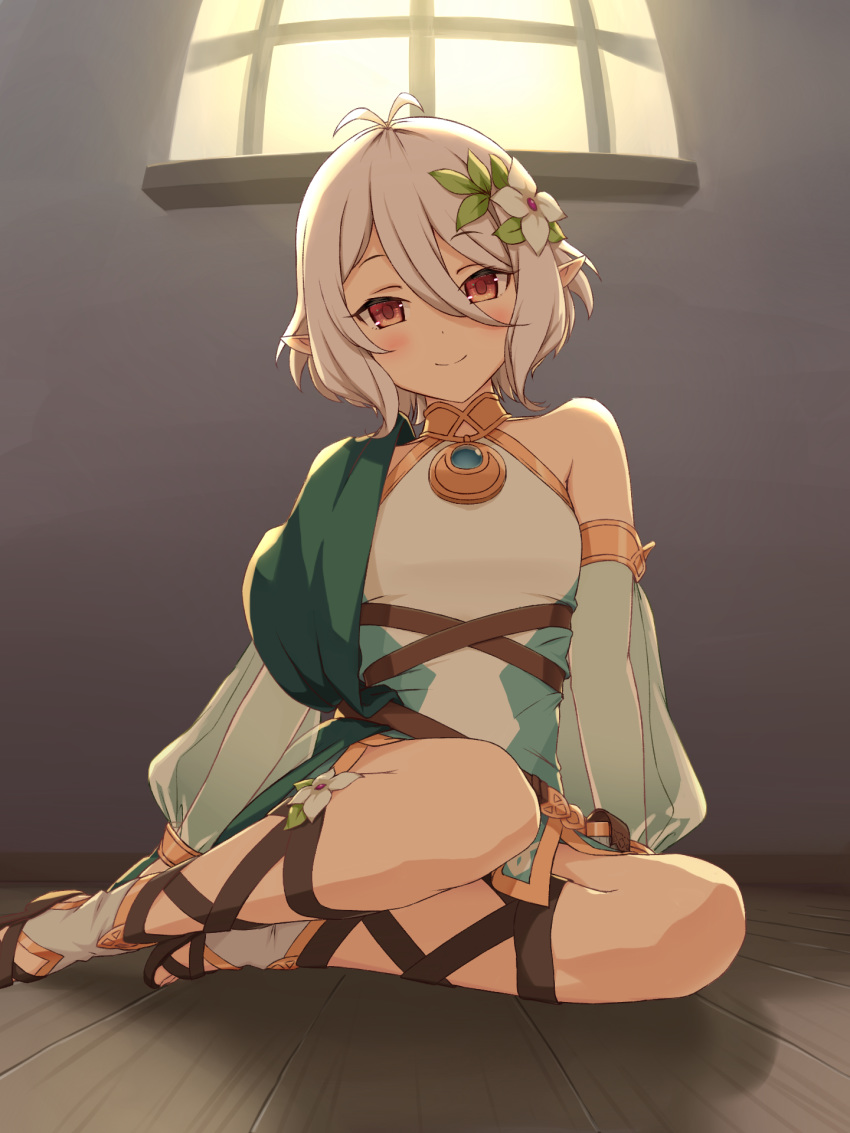 1girl, antenna_hair, bangs, black_footwear, blush, brown_eyes, closed_mouth, commentary_request, day, dress, eyebrows_visible_through_hair, flower, hair_between_eyes, hair_flower, hair_ornament, highres, indoors, kokkoro_(princess_connect!), on_floor, pointy_ears, princess_connect!, princess_connect!_re:dive, sakunohi_no_moon, sandals, sitting, sleeveless, sleeveless_dress, smile, solo, white_dress, white_flower, white_hair, window, wooden_floor, yokozuwari