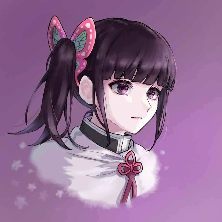 1girl, black_hair, butterfly_hair_ornament, closed_mouth, cropped_torso, hair_ornament, kimetsu_no_yaiba, neck_ribbon