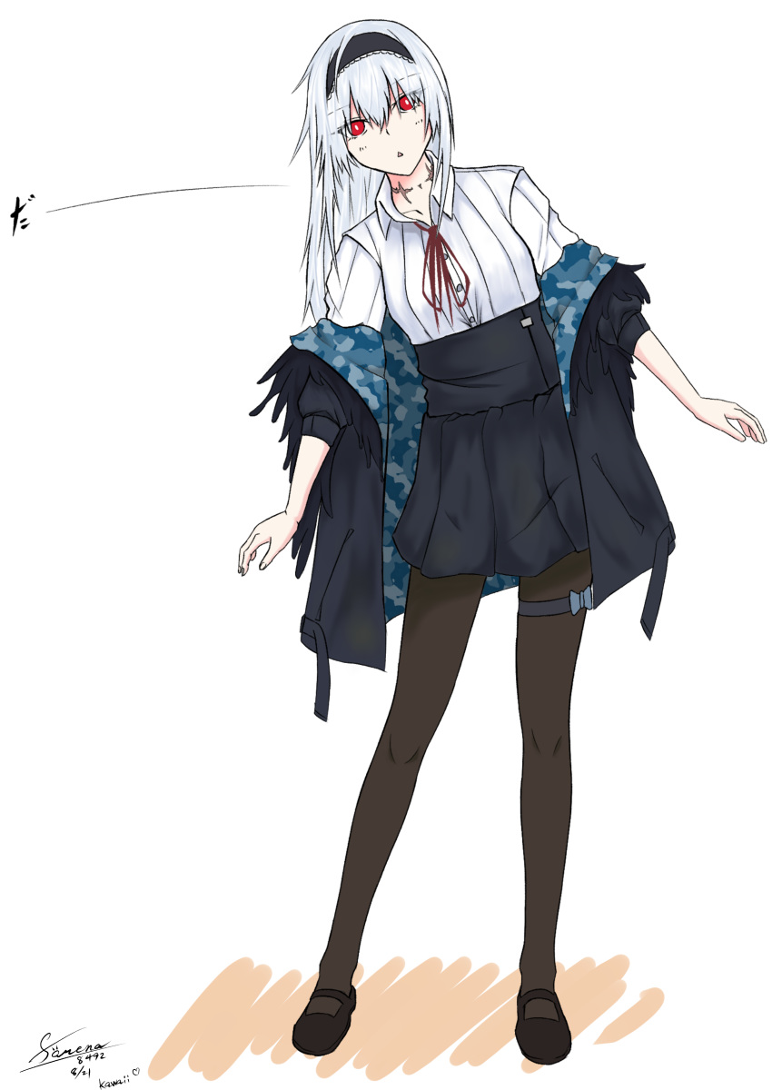 1girl, absurdres, black_footwear, black_legwear, blue_jacket, blue_skirt, blush, farena, girls_frontline, hairband, highres, jacket, jacket_on_shoulders, long_hair, looking_at_viewer, necktie, pantyhose, red_eyes, scar, shirt, shoes, silver_hair, skirt, solo, thigh-highs, thunder_(girls_frontline), white_background, white_shirt