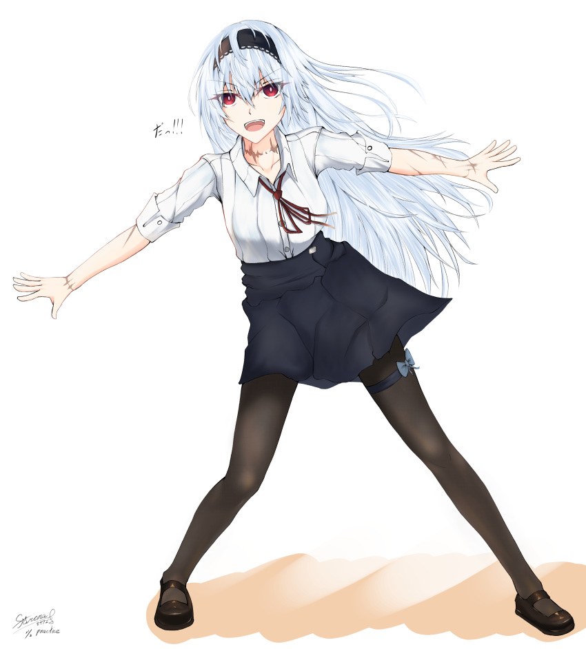 1girl, absurdres, black_footwear, black_legwear, blue_hair, blue_skirt, collarbone, farena