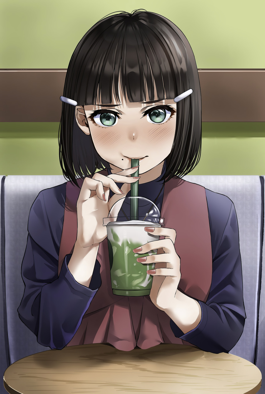 1girl, absurdres, alternate_hair_length, alternate_hairstyle, bangs, black_hair, blue_eyes, blush, drinking, hair_ornament, highres, huge_filesize, igarashi_kyouhei, incredibly_absurdres, kurosawa_dia, looking_at_viewer, love_live!, love_live!_sunshine!!, nail, on_table, outfits, short_hair, sleeves, solo, sorbet, table