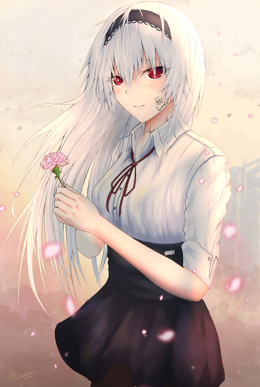 1girl, absurdres, black_skirt, blush, english_text, farena, floral_background, flower
