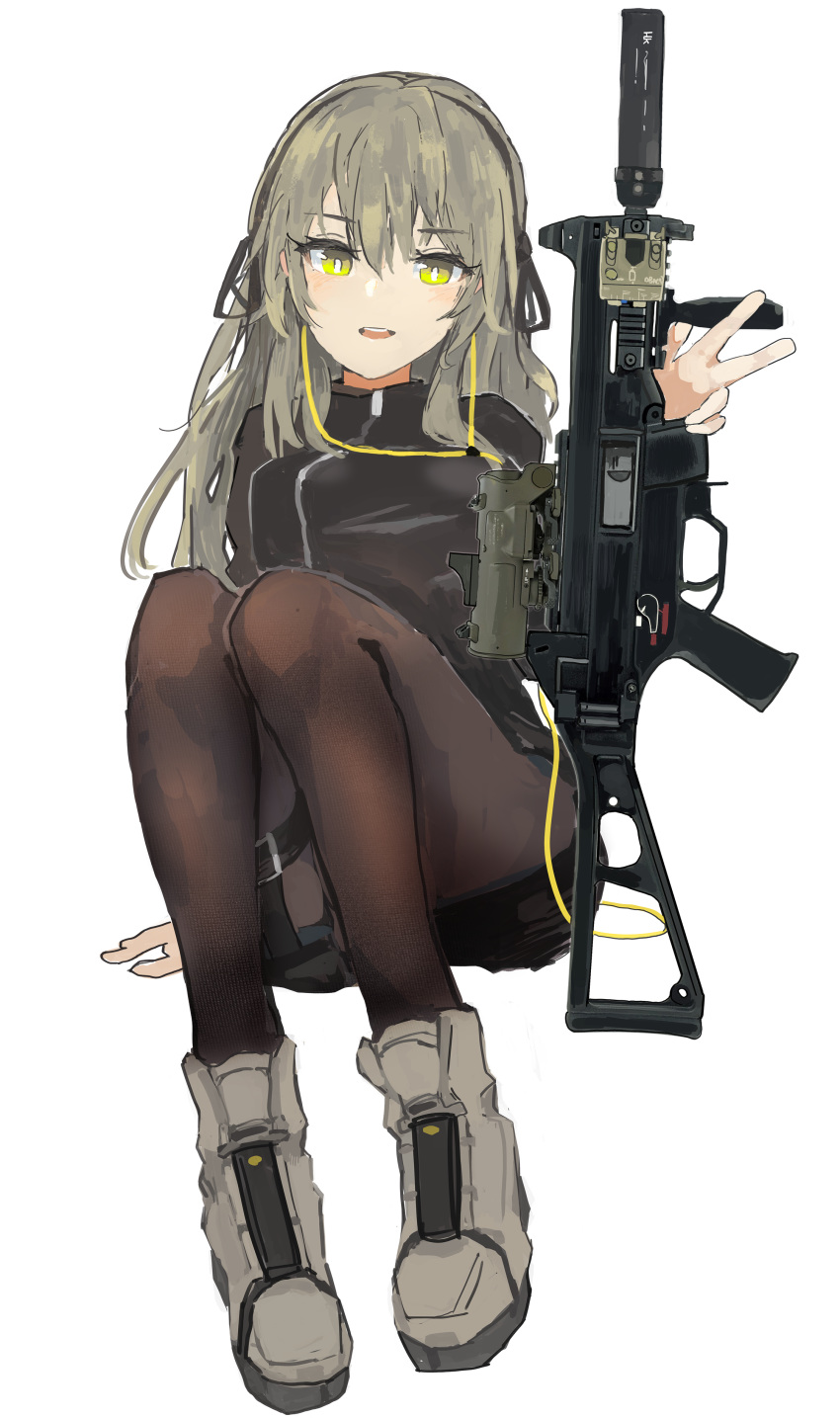 1girl, absurdres, black_legwear, boots, brown_hair, girls_frontline, grey_footwear, gun
