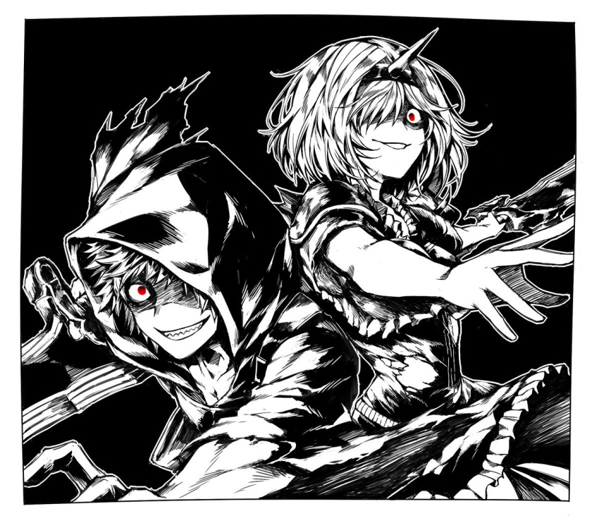 1boy, 1girl, alter_ego_conjurer_(granblue_fantasy), black_background, crazy_eyes, crazy_smile, djeeta_(granblue_fantasy), gran_(granblue_fantasy)