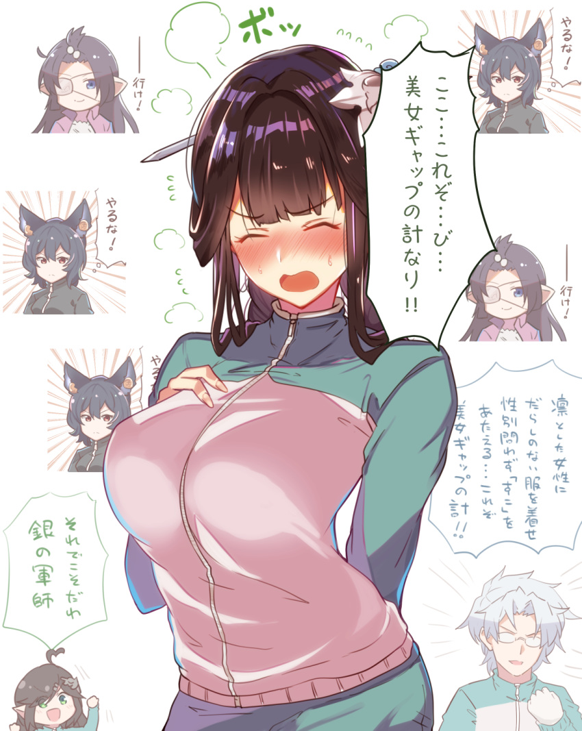 1boy, 4girls, altair_(granblue_fantasy), arito_arayuru, arm_behind_back, blush, breasts, brown_hair