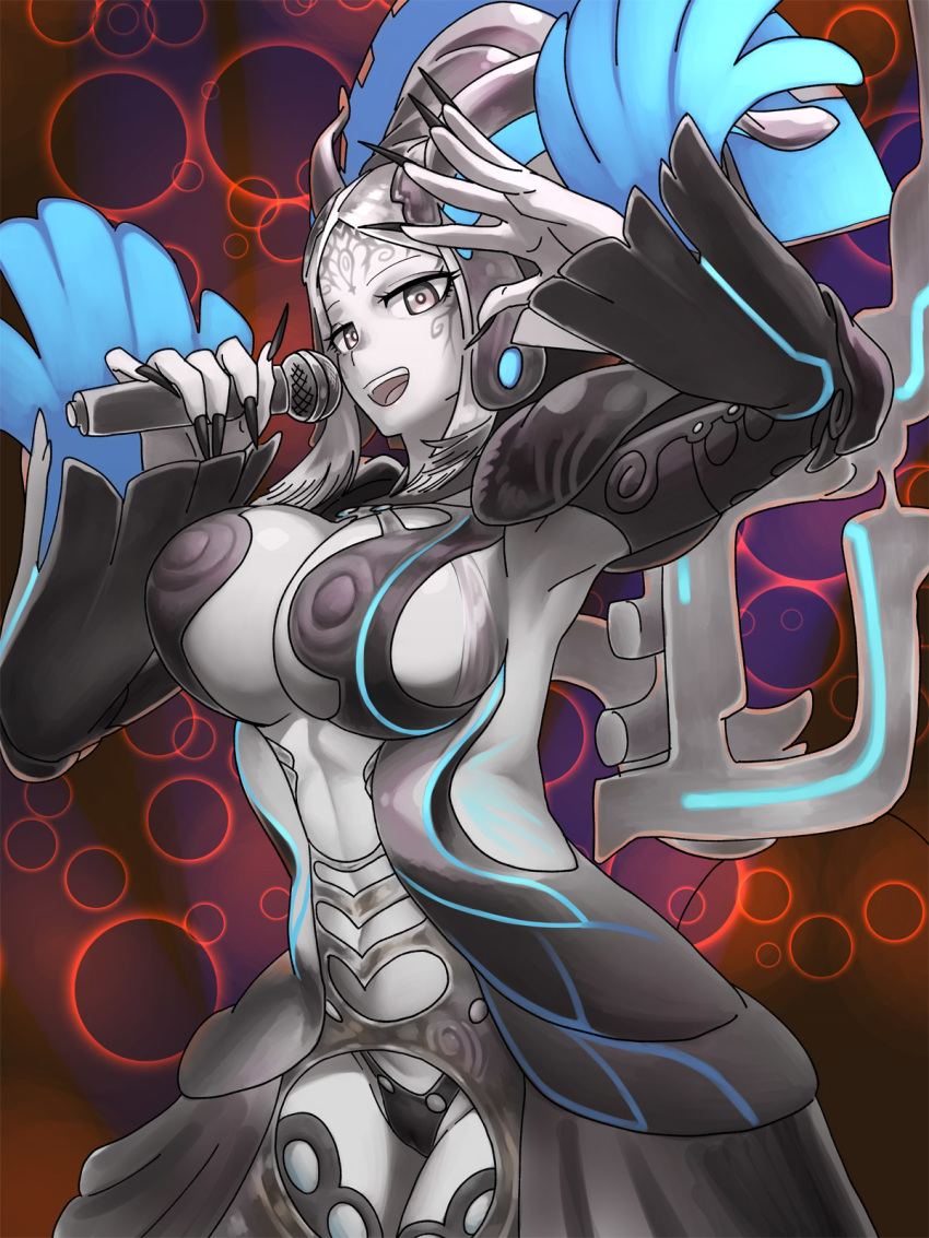 1girl, :d, black_nails, black_panties, breasts, detached_sleeves, dress, facial_mark, grey_eyes, grey_hair, grey_skin, highres, holding, holding_microphone, large_breasts, looking_at_viewer, maenas, microphone, natto_soup, navel, open_mouth, panties, red_background, rev, revealing_clothes, silver_hair, smile, solo, underwear, xenoblade_(series), xenoblade_1