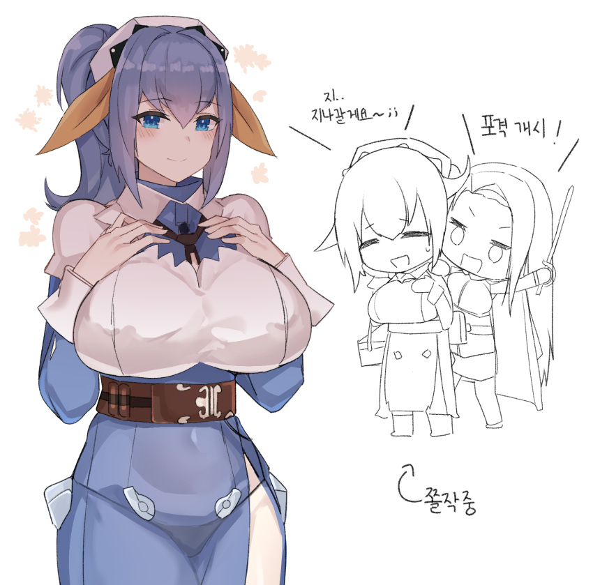 2girls, bangs, belt, blue_dress, blue_eyes, blue_hair, blush, breasts