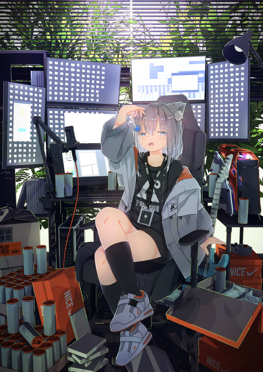 1girl, absurdres, animal_ear_fluff, animal_ears, ankle_socks, blinds, box, can