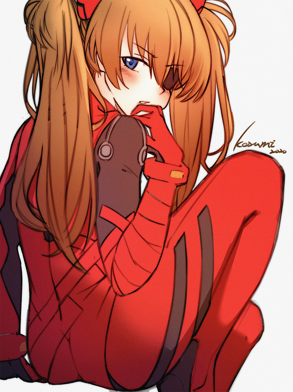 1girl, ass, bangs, blue_eyes, blush, bodysuit, brown_hair, commentary_request