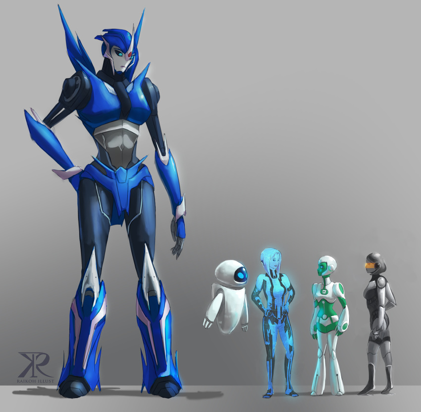 5girls, arcee, autobot, aya_(green_lantern), blue_eyes, blue_hair, cortana, edi_(mass_effect), eve_(wall-e), fausto, green_lantern_(series), grey_background, grey_hair, halo_(game), hands_on_hips, highres, hologram, looking_down, looking_to_the_side, mass_effect, mass_effect_3, mecha, multiple_girls, no_humans, robot, transformers, transformers_prime, visor