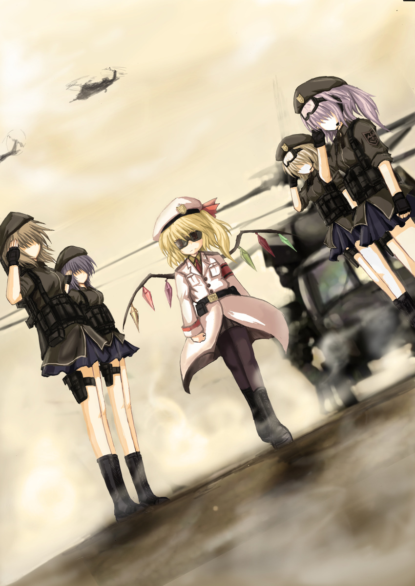 absurdres, aircraft, beret, black_legwear, blonde_hair, clouds, faceless, faceless_female