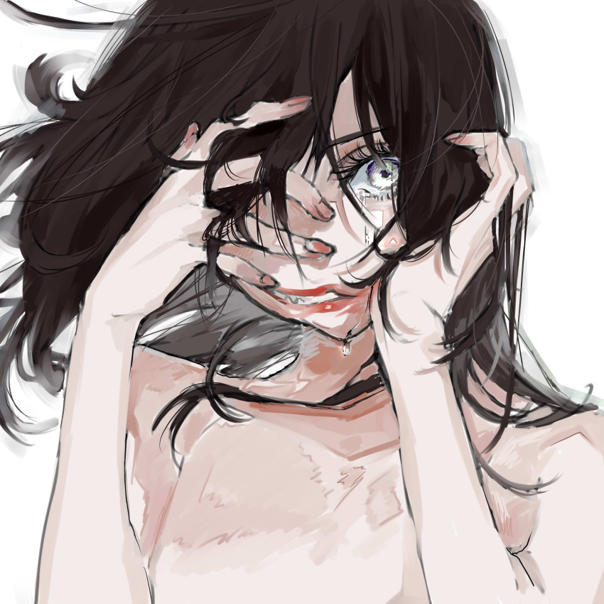 1girl, bare_shoulders, black_hair, fuchi_kasane, grey_eyes, highres, kasane_(matsuura_daruma), long_hair