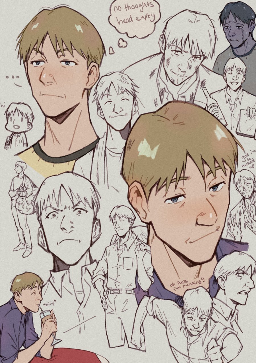 ..., 1boy, bag, blood, blood_on_face, brown_hair, closed_eyes, crying, drinking, drinking_straw, english_commentary, english_text, frown, grey_background, heartgrooooove, highres, holding, holding_bag, injury, monster_(manga), partially_colored, simple_background, sketch, smile, smirk, thought_bubble, wolfgang_grimmer