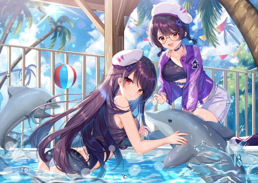 2girls, :d, absurdres, arched_back, ass, ball, bare_arms, bare_shoulders