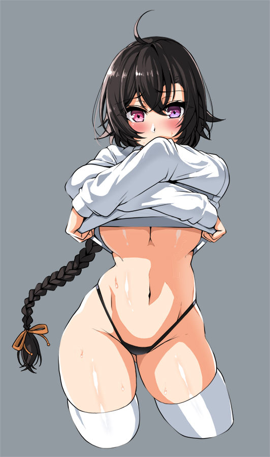 1girl, ahoge, ass_visible_through_thighs, bangs, black_hair, black_panties, blush, braid, breasts, character_request, closers, commentary, cropped_legs, eyebrows_visible_through_hair, grey_background, groin, hair_between_eyes, hair_ribbon, heterochromia, highleg, highleg_panties, large_breasts, lhu_(barappra1), lifted_by_self, long_hair, looking_at_viewer, navel, panties, red_eyes, ribbon, shirt_lift, simple_background, skindentation, solo, stomach, string_panties, sweat, thigh-highs, under_boob, underwear, undressing, very_long_hair, violet_eyes, white_legwear