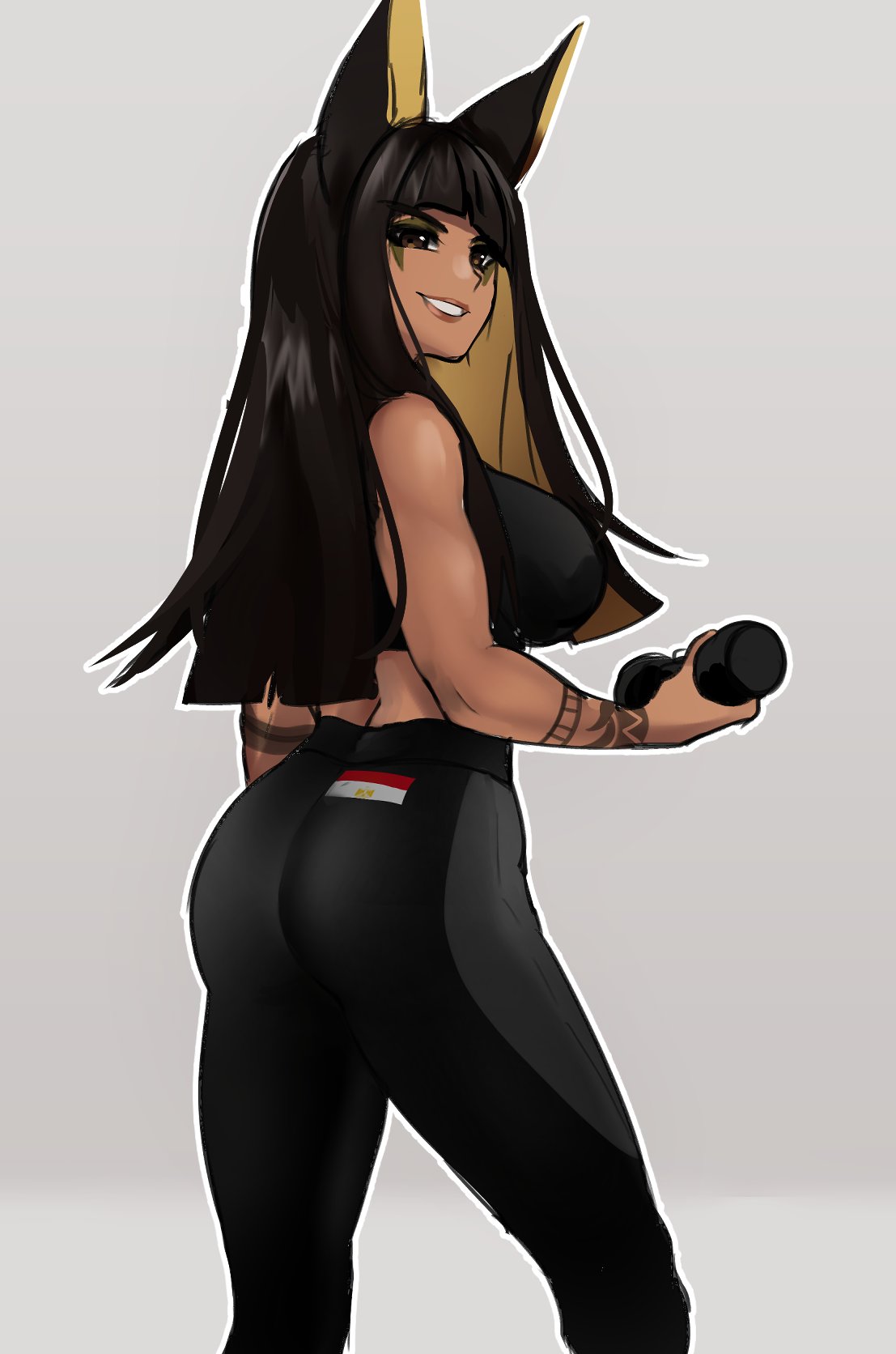 1girl, animal_ears, anput_(nsfwolf), arm_tattoo, ass, back, bangs, black_hair, blonde_hair, blunt_bangs, blunt_ends, dark_skin, dumbbell, goddess, grey_background, highres, hime_cut, jackal_ears, long_hair, looking_at_viewer, nsfwolf, original, pants, simple_background, solo, sports_bra, tattoo, weights, yoga_pants