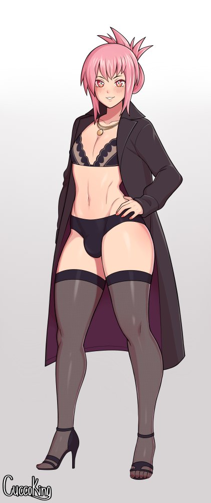 1boy, blush, bra, bulge, collarbone, cucco_king, folded_ponytail, gradient