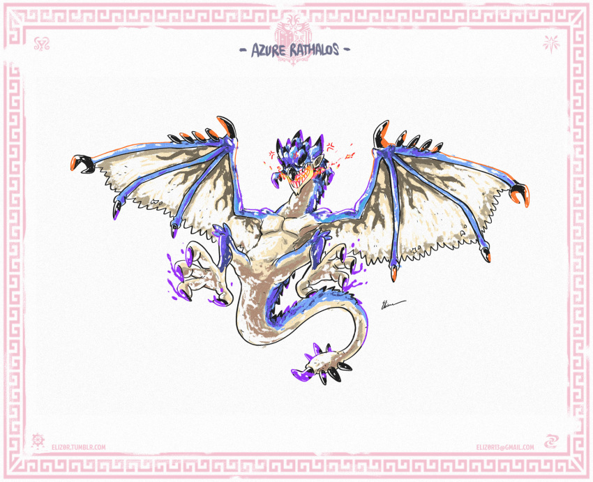 azure_rathalos, background_base, blue_sky, colorful, dragon, eliz0r, flying, full_body